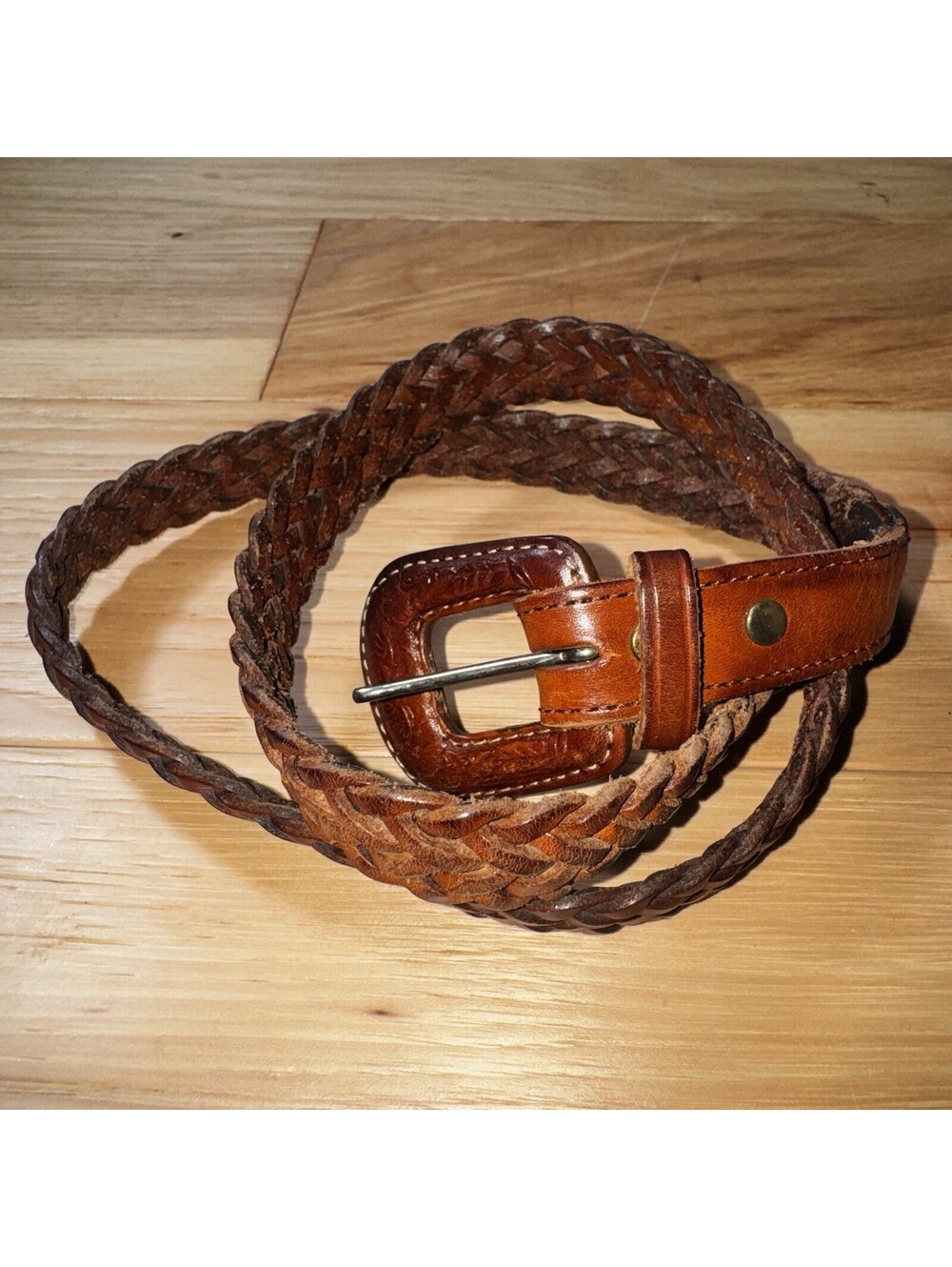Vintage Leegin Braided Leather Belt Western Tooled Buckle Brown Size L 35”
